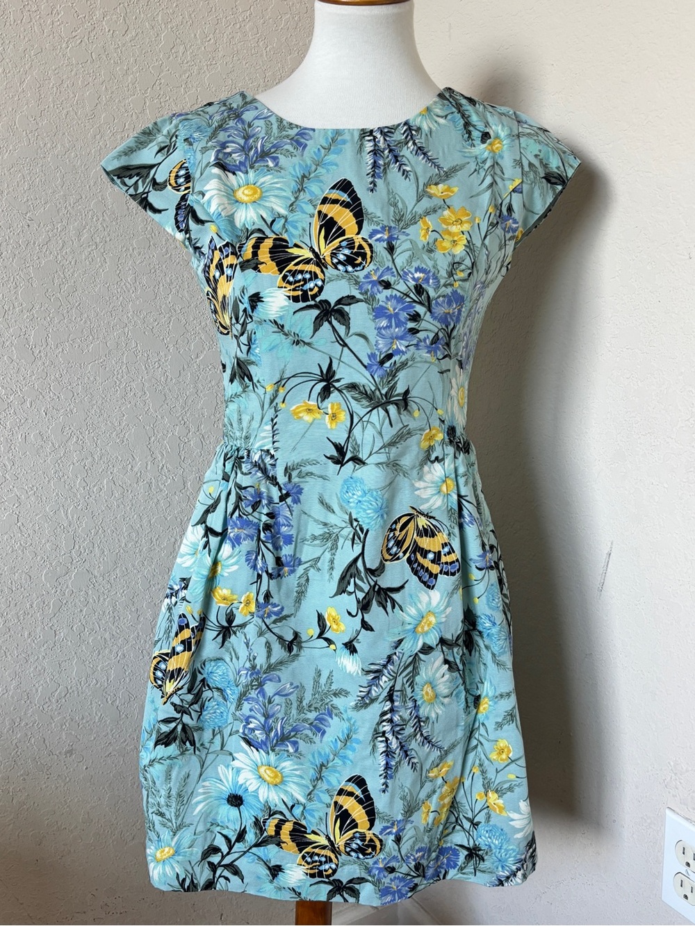 Gap Kids Light Blue Yellow Floral Butterfly Short Sleeve Dress XXL 14-16 NWT